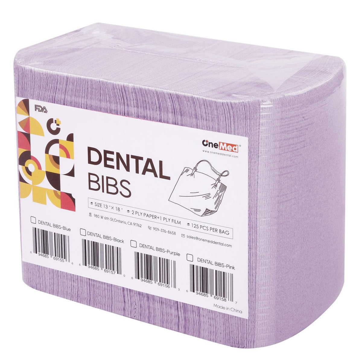 OneMed Ligjt Purple Dental Paper Bibs 3-Ply 13"x18" 125pcs/bag